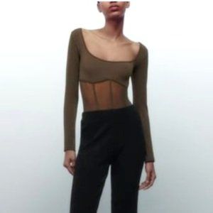 NWT ZARA SEAMLESS TULLE CORSETRY-INSPIRED BODYSUIT